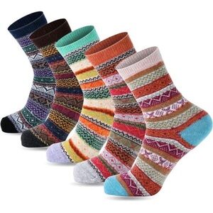 Wool Socks for Women 5 Pairs Winter Warm Thick Crew Knit Socks Vintage Cozy Soft